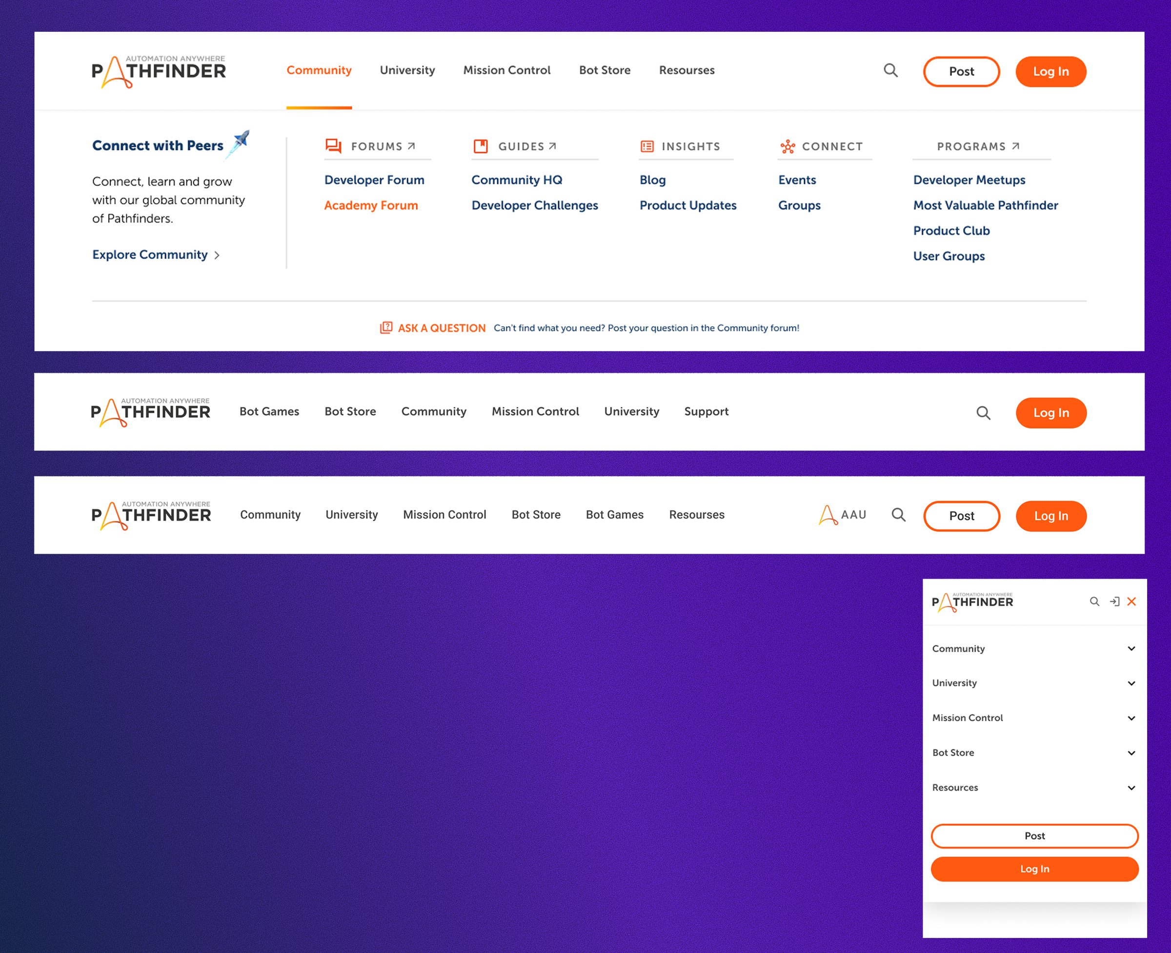 Navigation: unified mega menu across all Pathfinder products